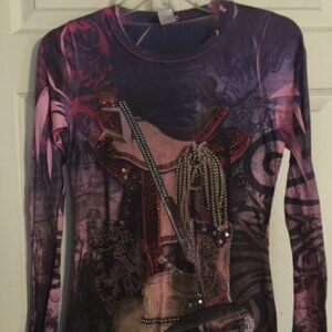 R. Rouge Women's Rhinestone T-Shirt L/S Size S
